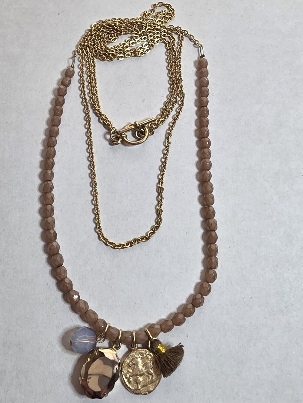 Catherine Popesco Layered Beaded Charm Necklace Gold Tone Brown